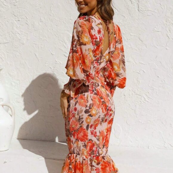 Orange Casual Women's V-Neck Puff Sleeve Floral Smocked Midi Dress - Picture 4 of 5